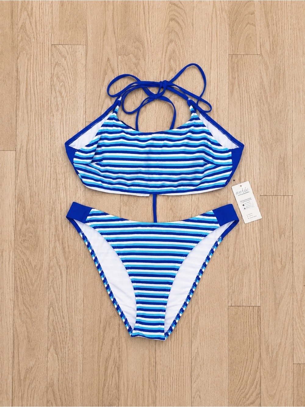 NWT Cupshe Blue Stripe Crossback Bikini Set Size L Coastal Swimwear